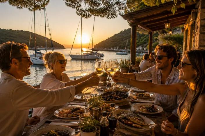 Des clients en yacht charter dînent dans une taverne croate près de voiliers au mouillage